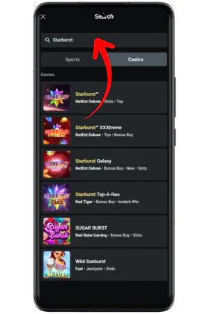 Sök efter Starburst slot demo i casinots sökfunktion